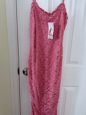 Rose Pink Lace Maxi Slip Dress with Delicate Floral Lace